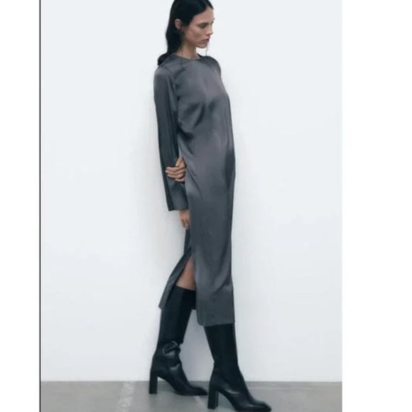 NWT SATIN Effect DARK CHARCOAL GRAY Long Sleeve Midi Dress - Picture 1 of 12